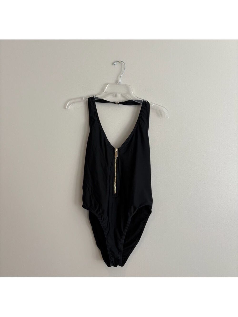 South Beach Black Zip-Front Halter Swimsuit Size 10